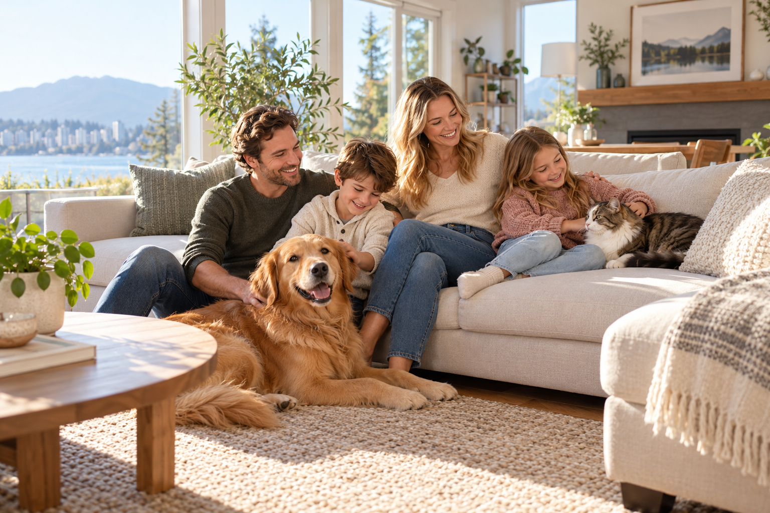 A family relaxing with their dog and cat in a bright, clean living room