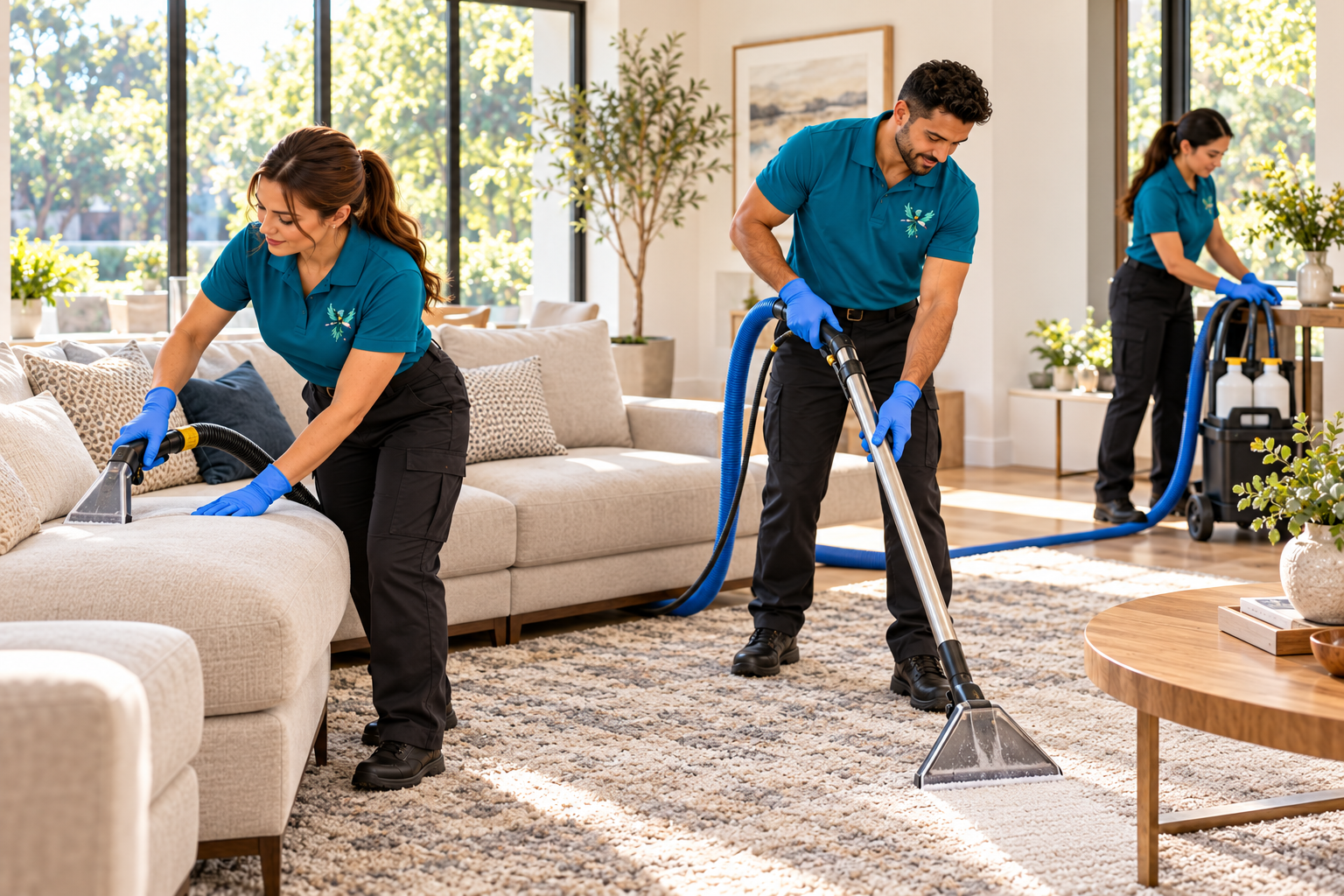 Cleaning team working in matching blue-teal uniforms