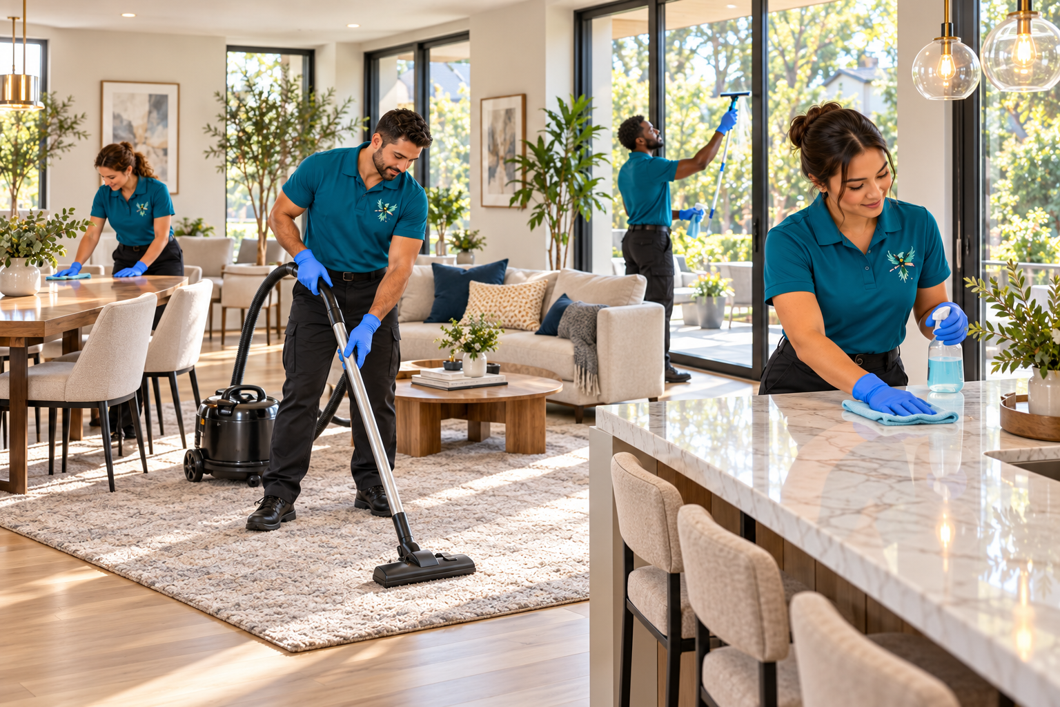Cleaning team in matching blue-teal uniforms