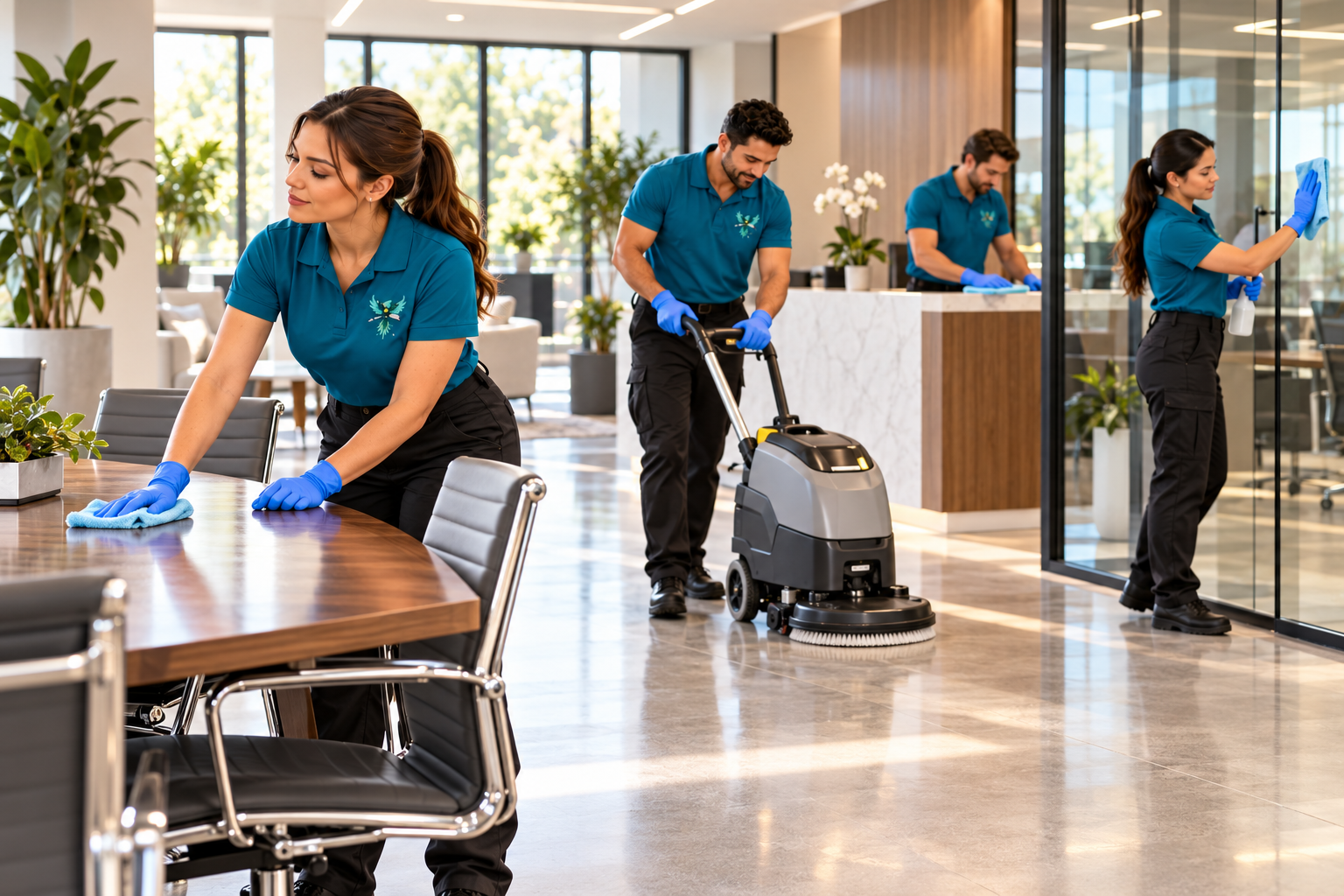 Cleaning team working in matching blue-teal uniforms